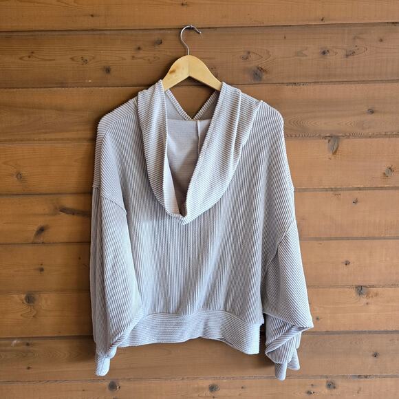 Pink Lily Stylish Splendor Slouchy Hoodie Ribbed Beige Small Pullover Vneck - Picture 3 of 5